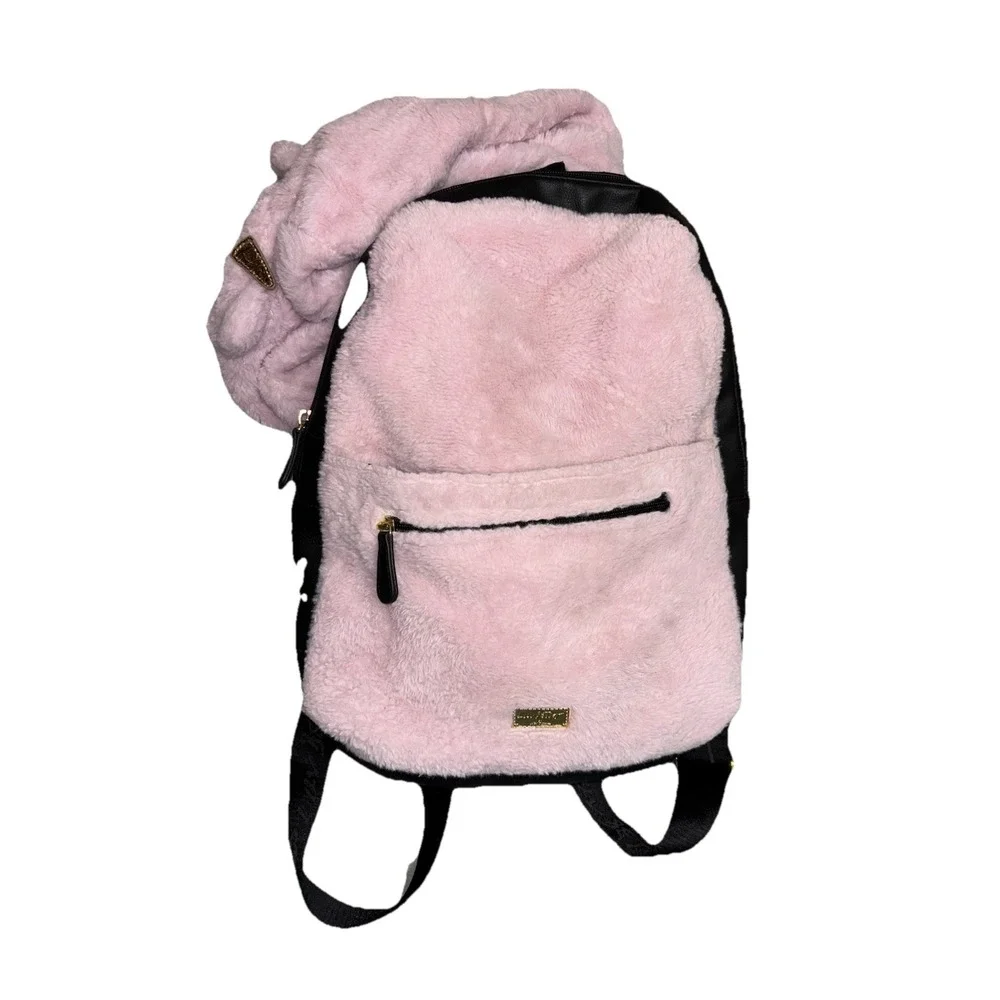 Betsey Johnson‎ Fuzzy Furry Hoodie Backpack bag School Soft Plush Pink Travel